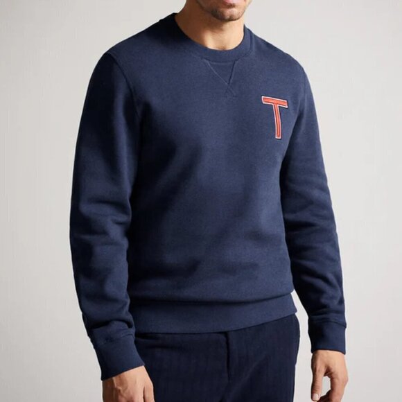 TED BAKER WELLOE Round Neck Chest Logo Cotton Navy Blue Varsity Sweatshirt Sz M - Picture 2 of 16